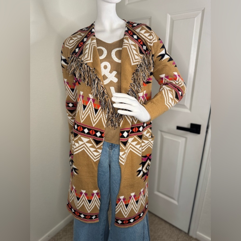 Chaser Tan And Pink Cardigan With Geometric Patterns